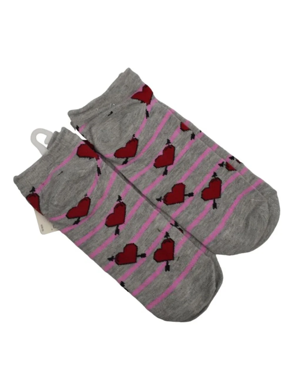 2 Pair of Low Cut Socks Womens Red Hearts Pink Stripes on Gray Lot